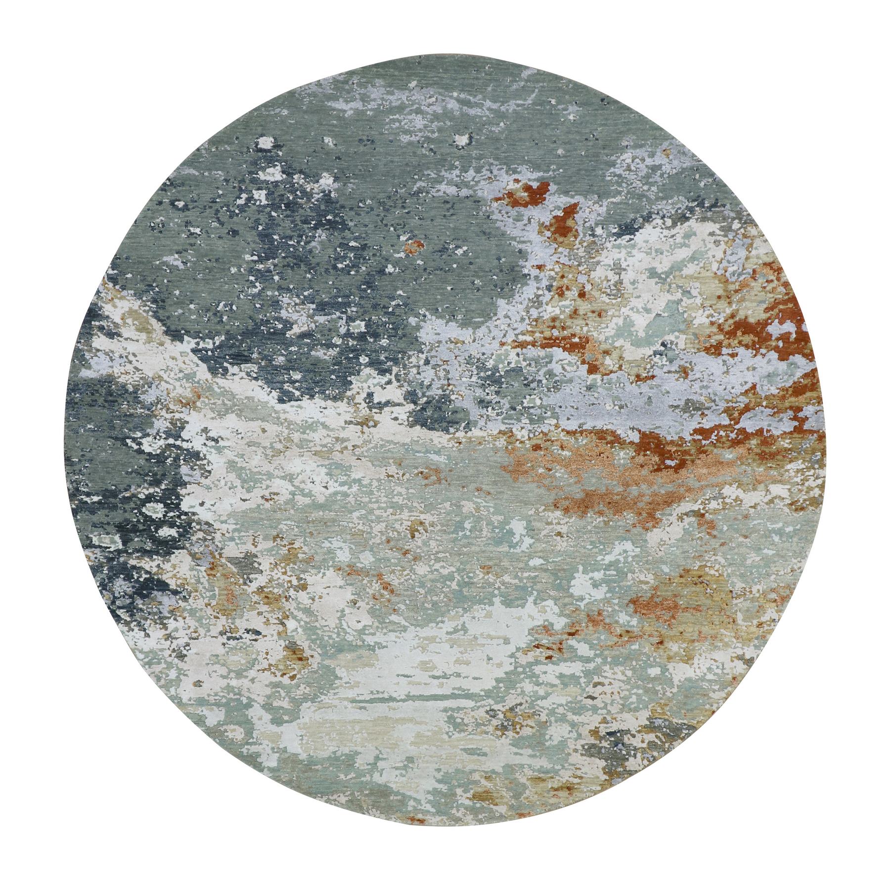 Shades of Gray with Peach, Persian Knot, Abstract with Galaxy Design, Pure Wool, Hand Knotted, Densely Woven, Round, Oriental Rug